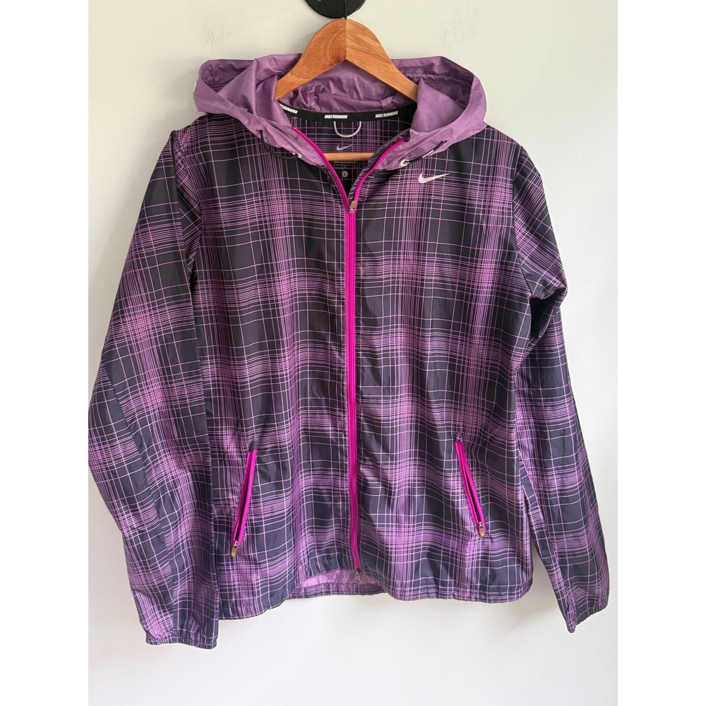 Nike Running Womens Purple Plaid Hooded Windbreaker Jacket Full Zip Large